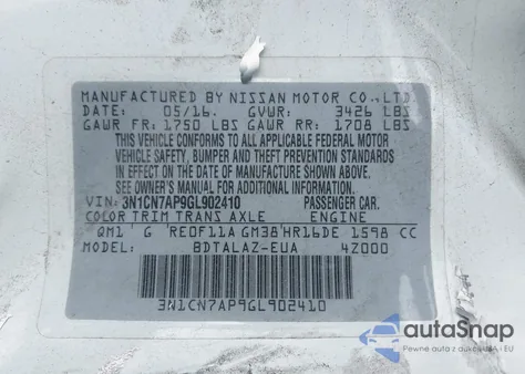 2016 Nissan Versa 1.6 S+ from USA, damaged, VIN 3N1CN7AP9GL902410